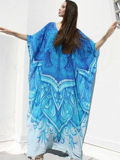Blue-white Super Loose Printed Beach Cover-ups