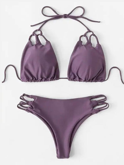 Triangle Plain Lace-up Bikinis Swimwear