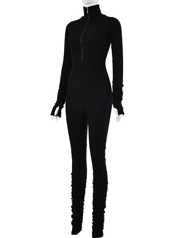 Wrap Long Sleeves High-Neck Zipper Jumpsuits