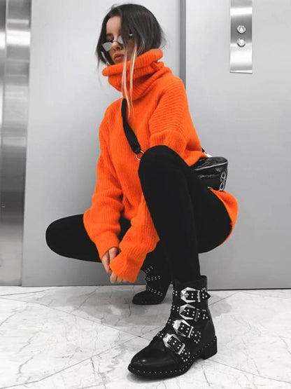 Printed High-Neck Loose Sweater