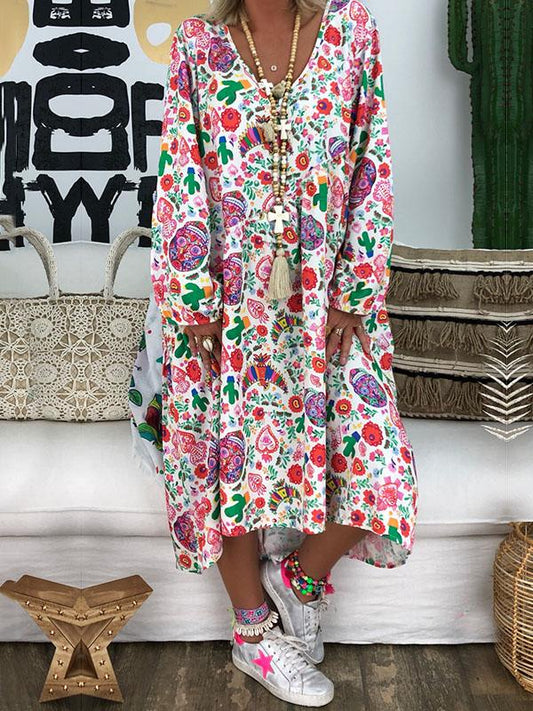 Plus Size Printed Long Sleeve Midi Dress