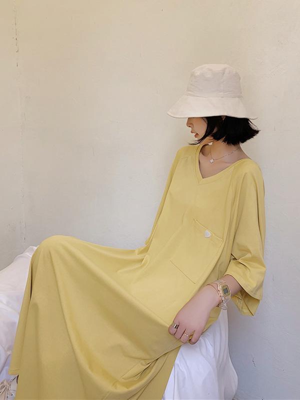 Original Solid V-Neck Dress