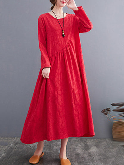 Casual Simple Solid Color Pleated Round-Neck Long Sleeves Midi Dress