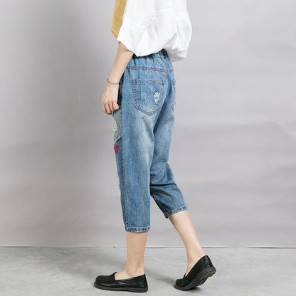 Casual Appliques Frayed Light Blue Jeans