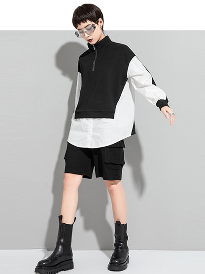 Stylish Split-Joint False Two Long Sleeves Zipper Stand Collar T-Shirt