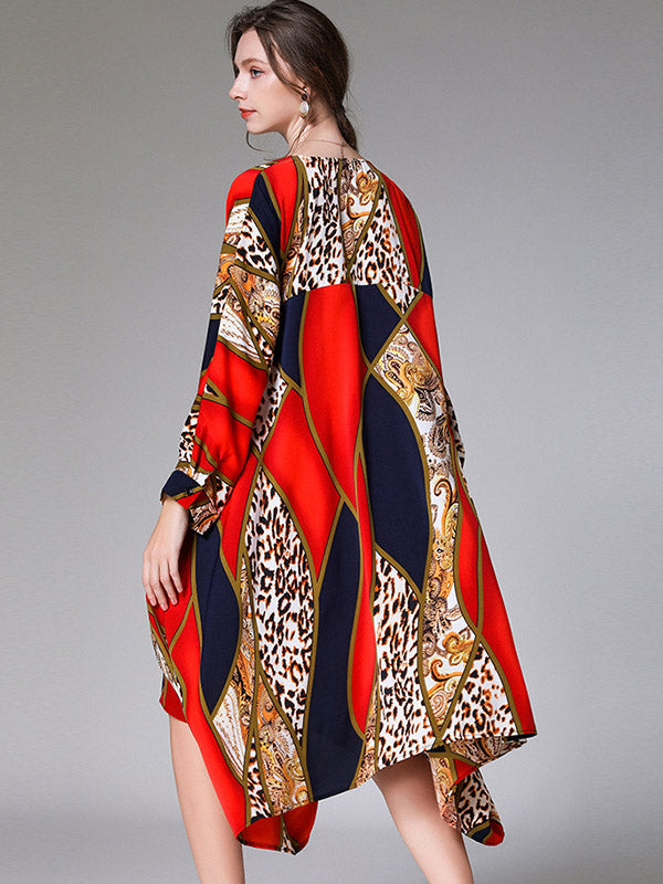 Casual Loose Split-Joint Contrast Color Leopard Floral Printed Lapel Collar Long Sleeves Midi Dress