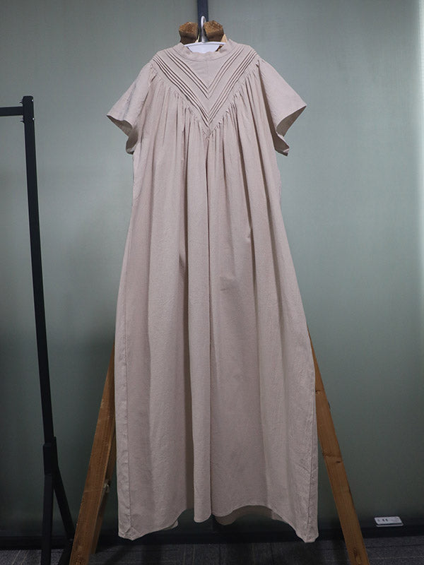 Casual Ramie Cotton Solid Color High-Neck Short Sleeves Maxi Dress