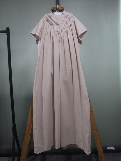 Casual Ramie Cotton Solid Color High-Neck Short Sleeves Maxi Dress