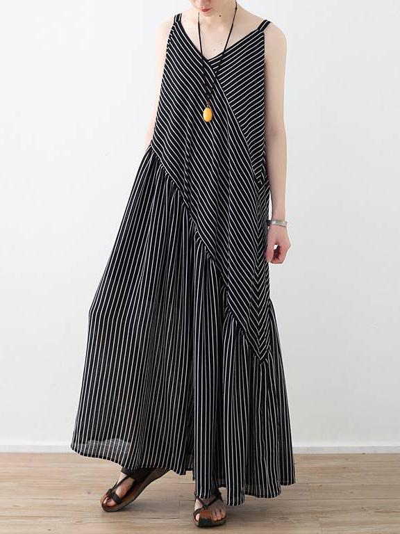 Loose Striped Split-joint Wide-leg Sleeveless V-neck Jumpsuits