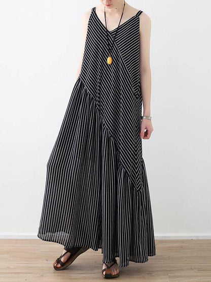 Loose Striped Split-joint Wide-leg Sleeveless V-neck Jumpsuits
