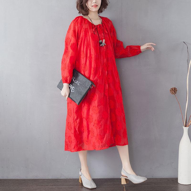 Embroidery Long Sleeve Lacing Single Breasted Red Dress