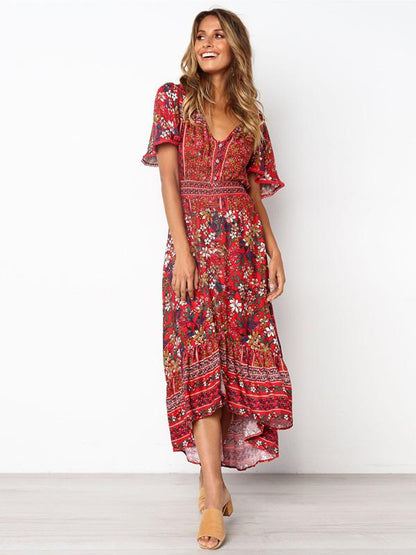 Printed Flared Sleeve Bohemian Flowers Maxi Dress
