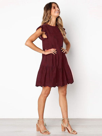 Solid Color Round Neck Hollow Mini Dress