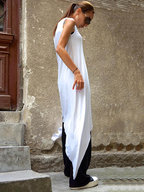 Black&White Loose Soft Asymmetric  Tank Top Long Dress