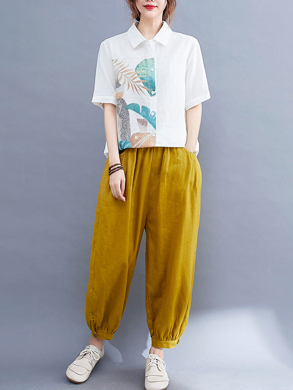 Original Leaves Printing Lapel Blouse