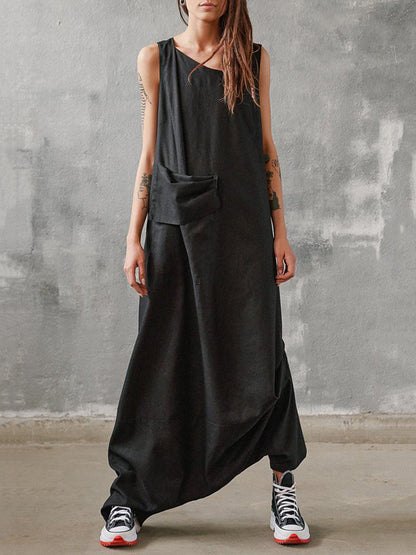 Hip-Hop Stylish Black Sleeveless With Pocket Low Crotch Jumpsuits