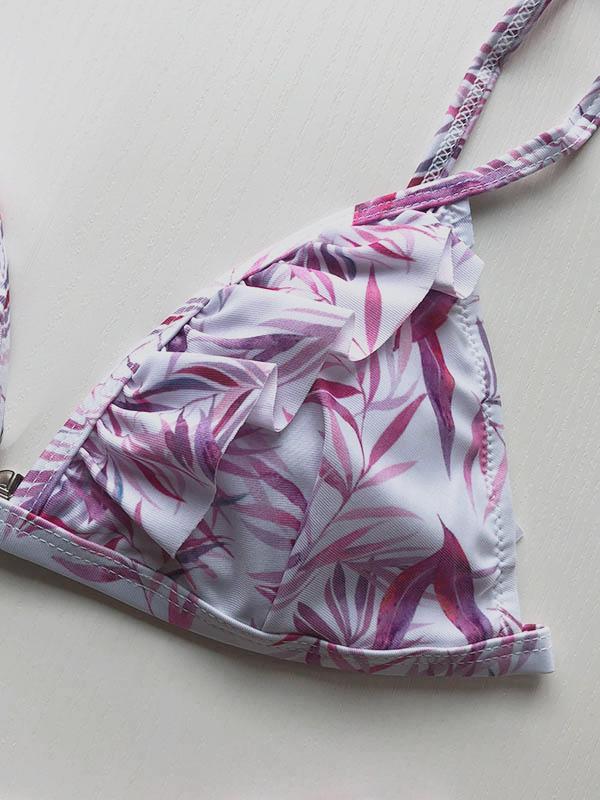 Sexy Deep V-Neck Falbala Printing Split Type Bikini Swimsuit