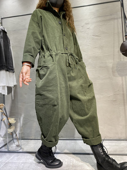 Fashion Long Sleeves Lapel Solid Color Jumpsuits