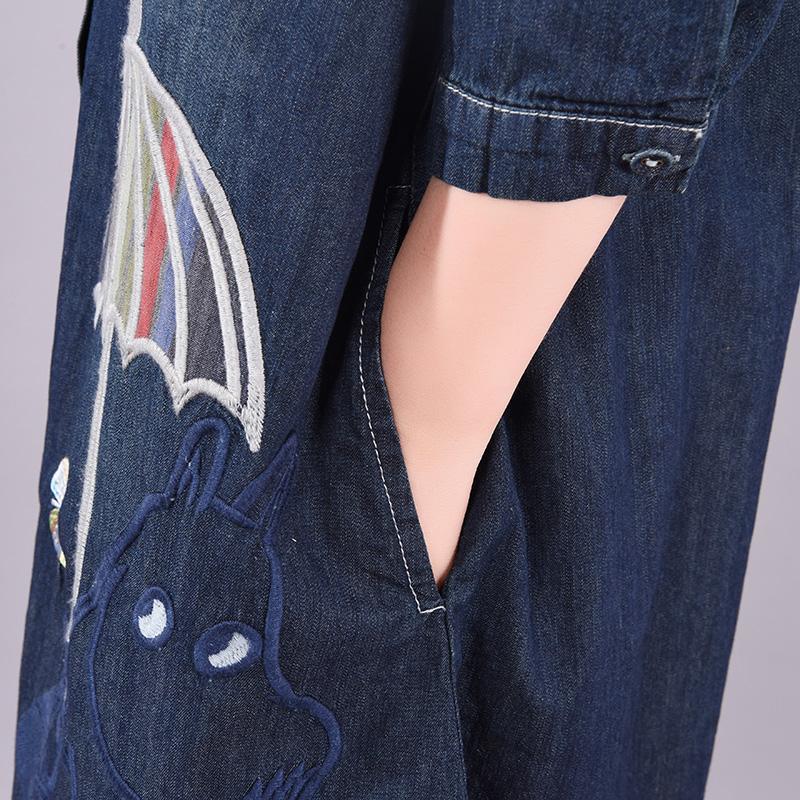 Buykud Cute Embroidered Umbrella Casual Denim Dress