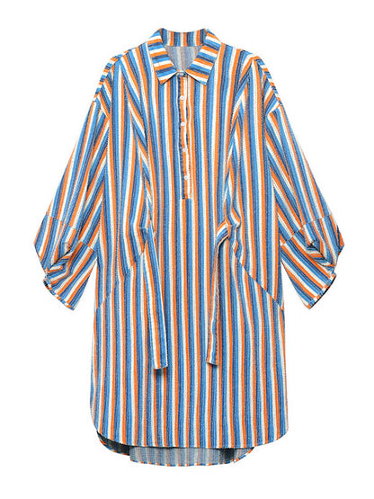 Original Stylish Striped Contrast Color Tied Buttoned Split-Side Lapel Collar Long Sleeves Midi Shirt Dress