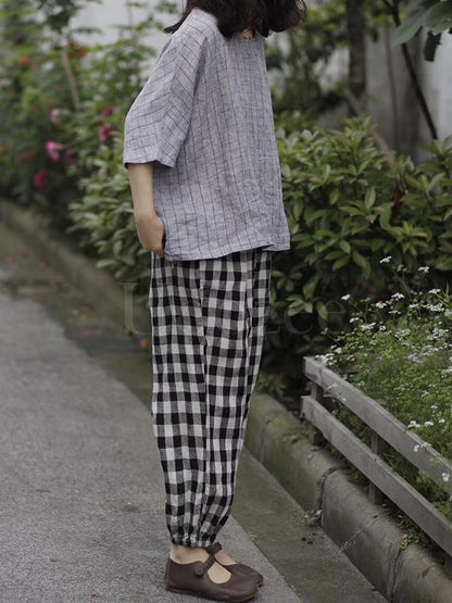 Retro Linen Plaid Casual Harem Pants