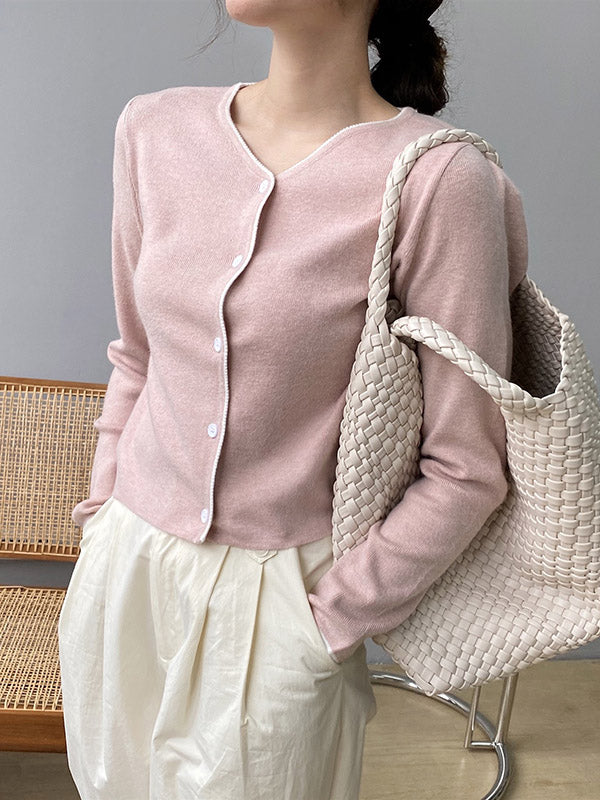 Chic Simple 4 Colors Buttoned V-Neck Long Sleeves Knitted Cardigan