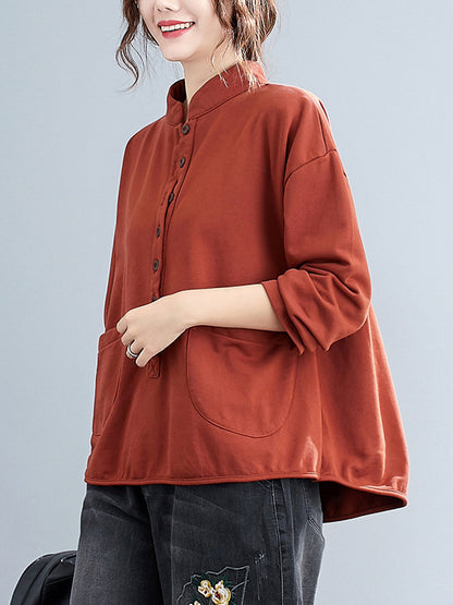 Casual Solid Color Buttoned Split-Joint With Pocket Stand Collar Long Sleeves Sweatshirts
