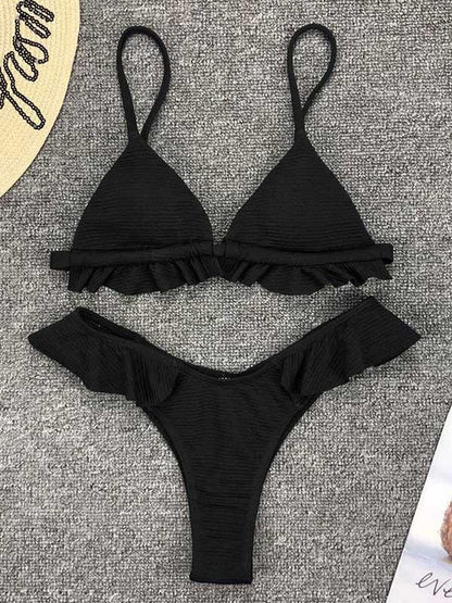 Solid Falbala With Panty Bikini Set