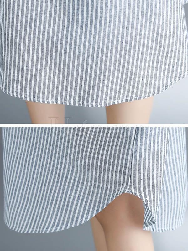 Loose Ramie Cotton Striped Shirt Dress