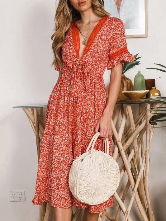 Lace Split-joint Printed Midi Dresses