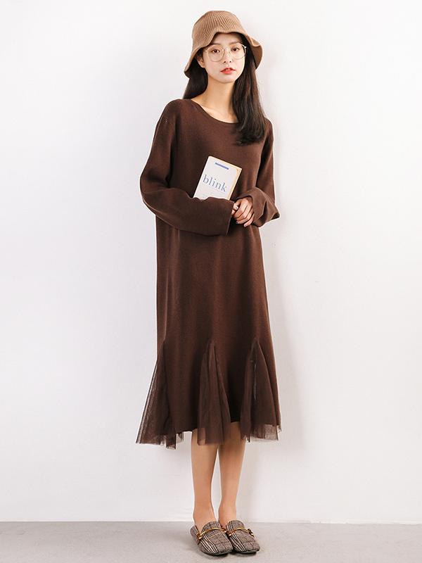 Pure Color Split-joint Knitting Long Dress