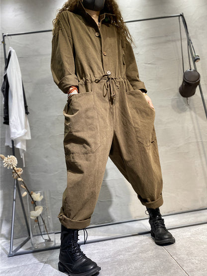 Fashion Long Sleeves Lapel Solid Color Jumpsuits