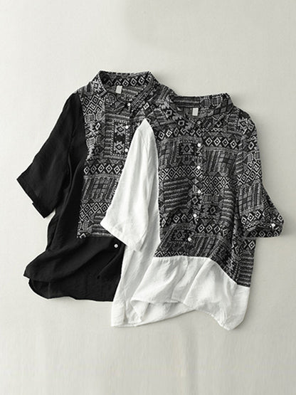 Original Printing Half Sleeve Lapel Blouse Tops