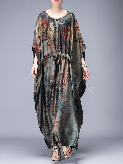 Loose Lace-up Printed Long Dress