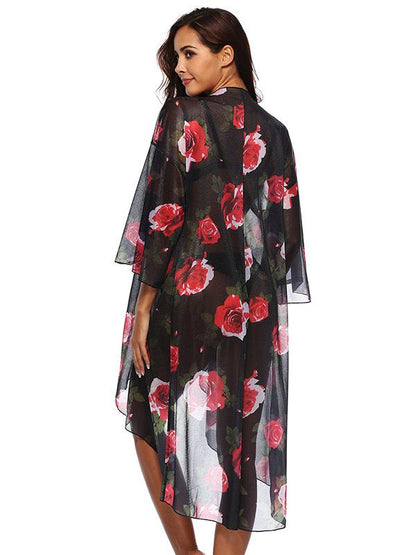 Chiffon Flared Sleeves Printed Cover-Ups