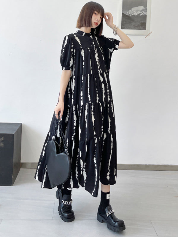 Vintage A-Line Printed Black Midi Dress
