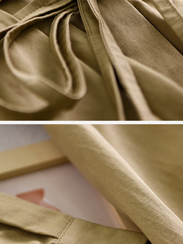 Casual Long Sleeves Loose Drawstring Tied Solid Color Lapel Collar Midi Dresses