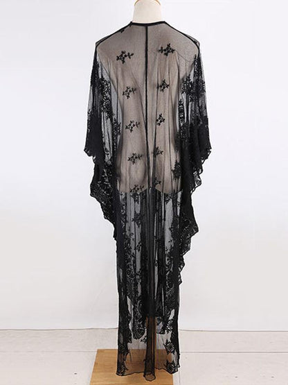 Lace See-Through Embroidered Bat Sleeve Tunicshang Cover-Ups Tops