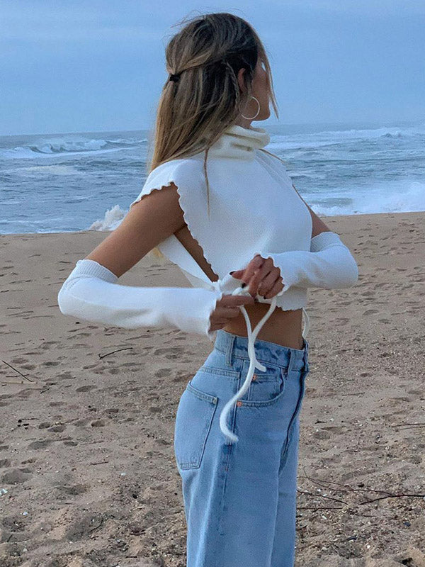 Knitted Hollowed Drawstring Solid Color Tops - kailaple