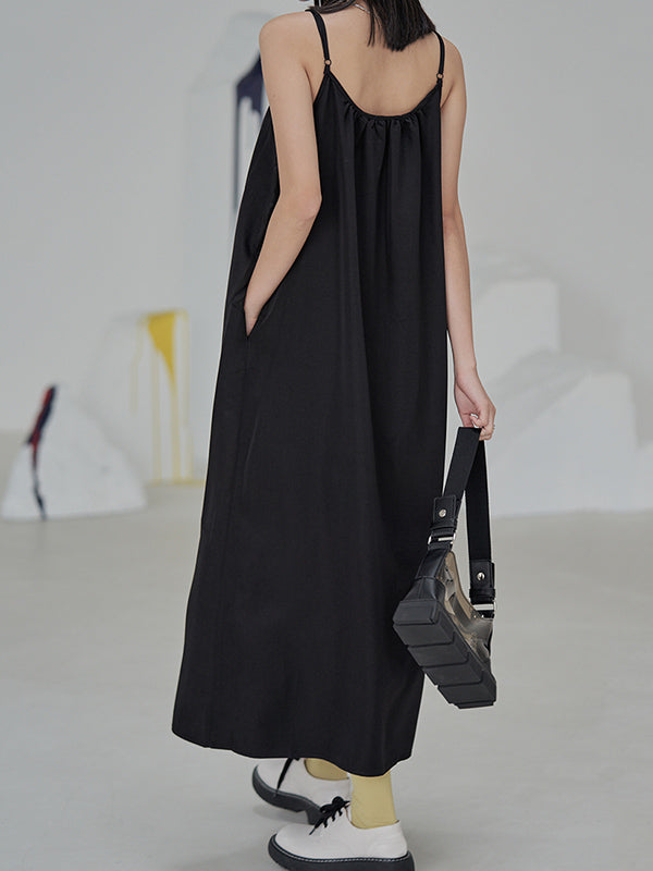Leisure Fashion Loose Solid Color Pleated Spaghetti-Neck Midi Dress