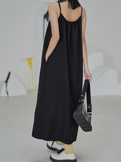 Leisure Fashion Loose Solid Color Pleated Spaghetti-Neck Midi Dress