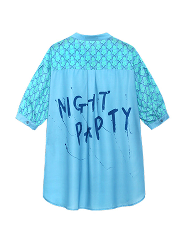 Stylish Split-Joint Printed Stand Collar Tie Short Sleeves Blouses