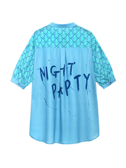 Stylish Split-Joint Printed Stand Collar Tie Short Sleeves Blouses