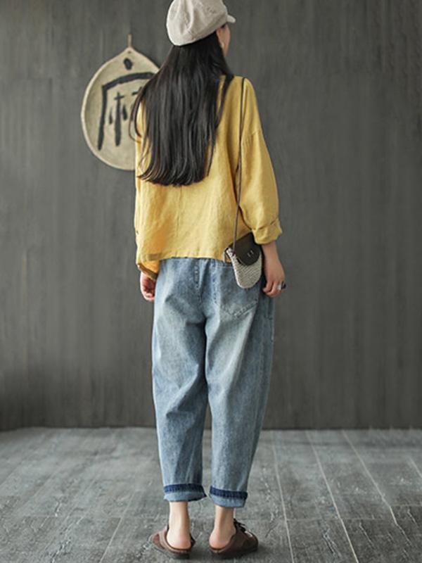Artistic Retro Solid Shirt Blouse Tops