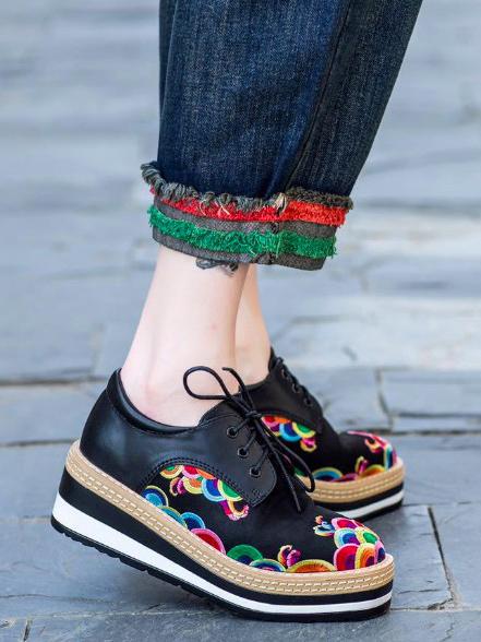 Floral Embroidered Leather Platform Shoes