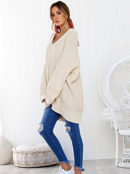Solid Color V-neck Loose Sweater Tops