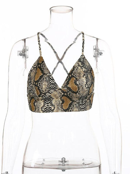 Snakeskin V-neck Backless Spaghetti-neck Sports Bra