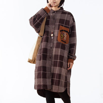 Cotton Single Breasted Plaid Long Shirt