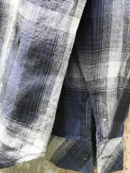 Blue Plaid Loose Linen Long Sleeve Shirt