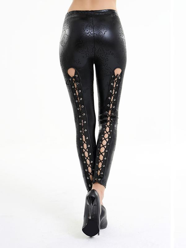 Sexy Back Cutout Interlace Bandage PU Pants Bottoms